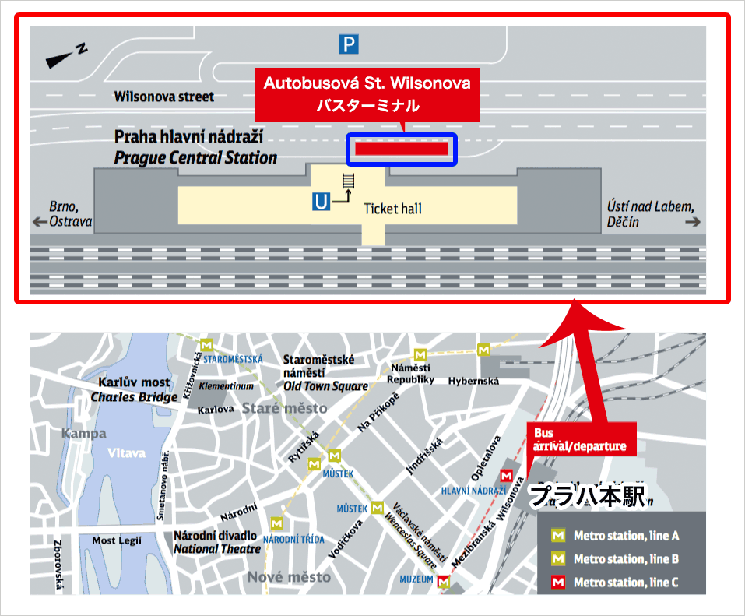 プラハ中央駅 長距離バス乗場「Autobusová St. Wilsonova」
