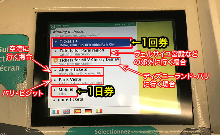 自動券売機 チケットの選択画面