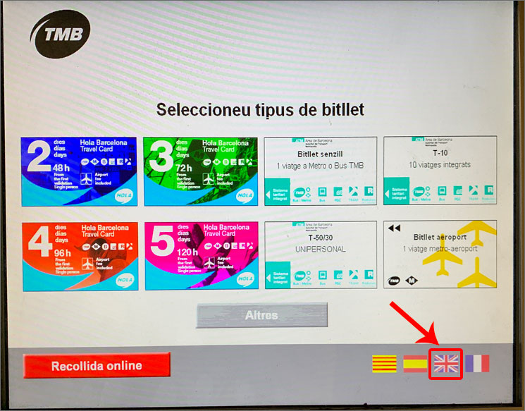 バルセロナ地下鉄 自動券売機の画面操作の説明 