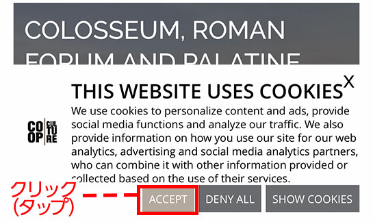 コロッセオ公式チケット予約ページ クッキーへの同意画面