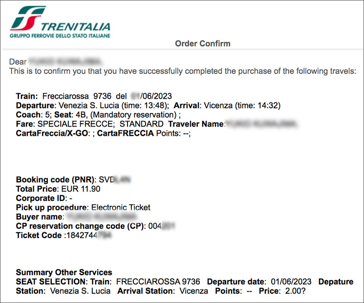 Trenitalia（トレニタリア）のチケット予約完了メール