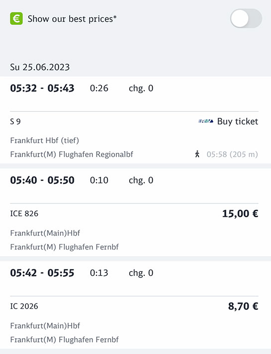 ドイツ鉄道 公式アプリ 列車旅程の選択ページ