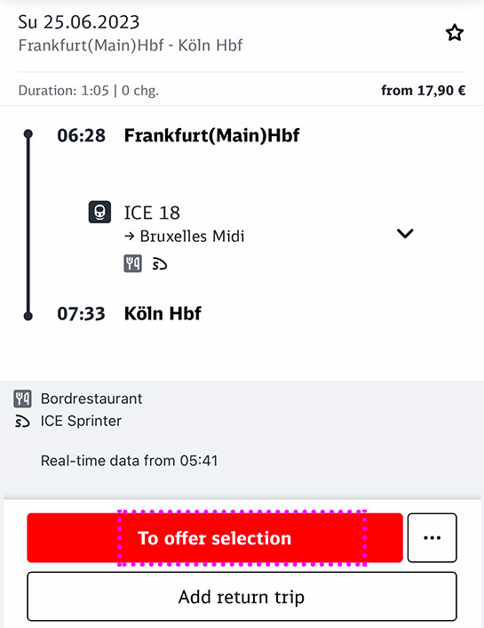 ドイツ鉄道 公式アプリ 選択した旅程の確認ページ