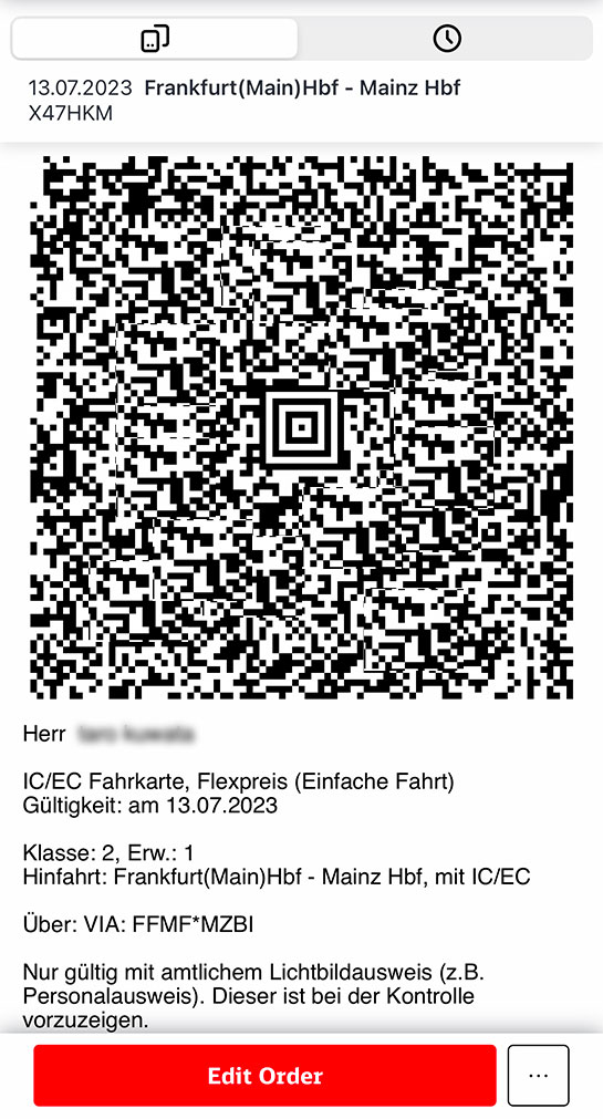 ドイツ鉄道 公式アプリ用の電子チケット（Eチケット）