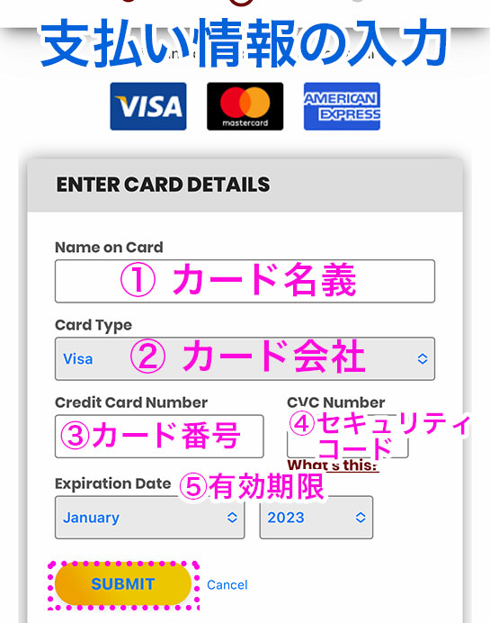 ワーナー・ブラザーズの公式サイト クレジットカード情報の入力画面