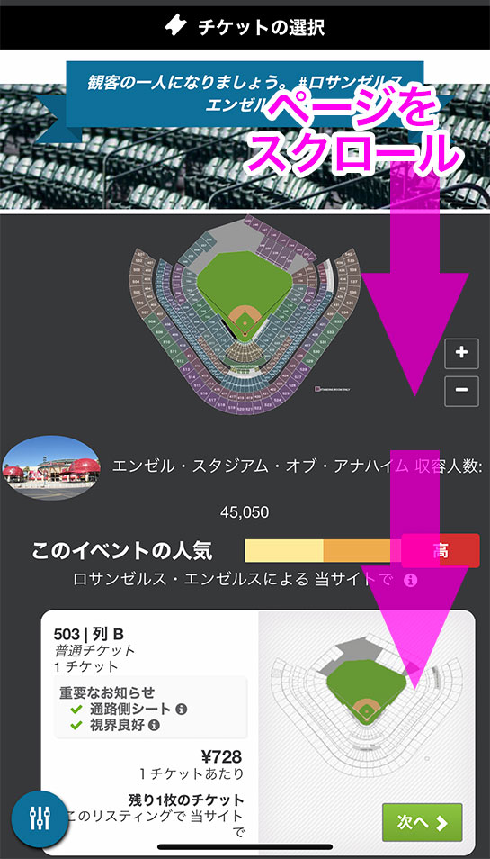 viagogo MLBチケットの販売ページ -座席の選択項目