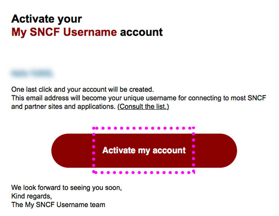 SNCFのメールアドレスの有効化ボタン