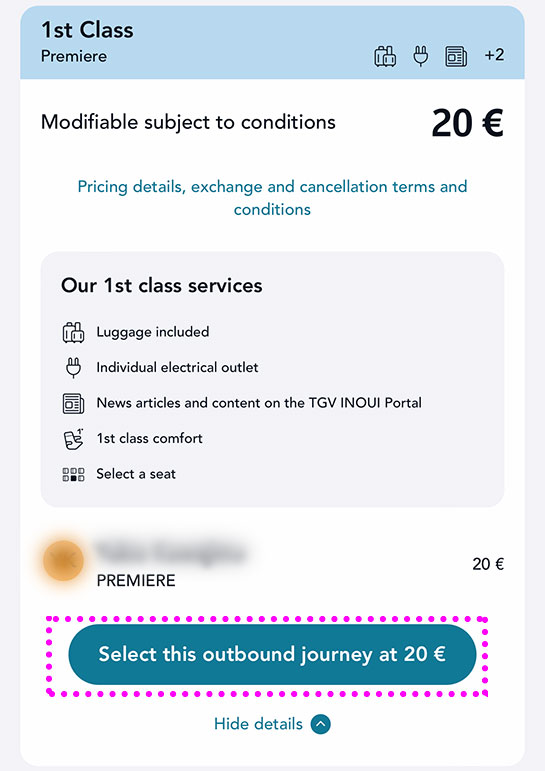 SNCFの座席クラス選択ページ
