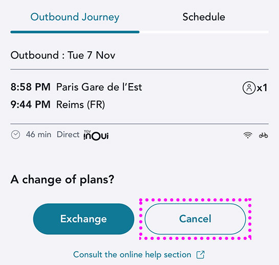 SNCFの公式HP 予約済みチケットのキャンセル手順２