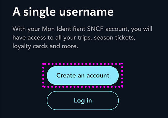 SNCFの公式アプリ - 「Create an account（アカウント作成）」か「Log in（ログイン）」の選択画面 
