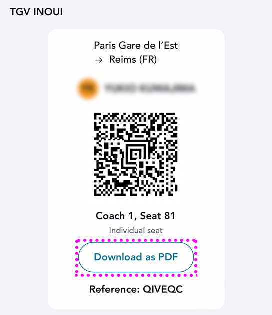 SNCF 乗車チケットのQRコード