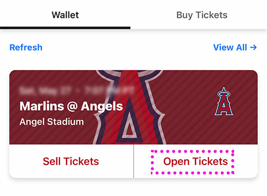 MLBの公式アプリ「MLB Ballpark」のTickets表示画面