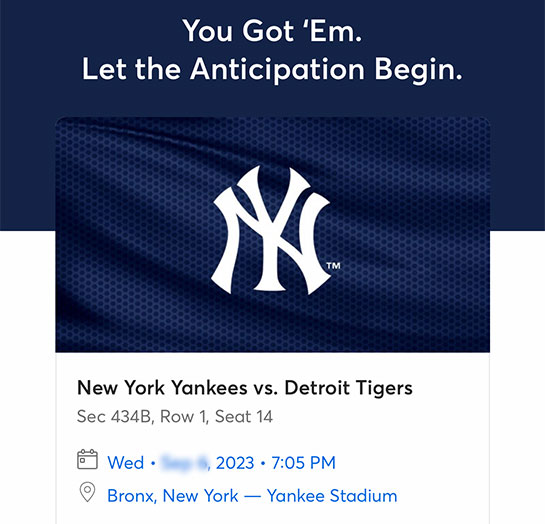 ヤンキース公式ページ チケット購入の完了画面  