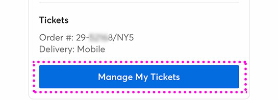 ヤンキース公式ページ チケット購入の完了画面 -「Manage My Tickets」ボタン  