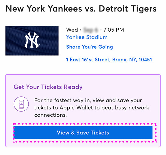 ヤンキースの観戦チケット管理ページ -「View & Save Tickets」ボタン  