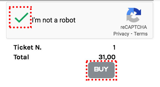 ドゥカーレ宮殿 公式チケット予約ページ 「I'm not a robot」のチェック項目と「BUY」ボタン