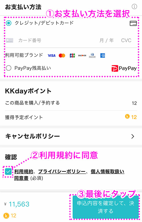 【KKday】 香港ディズニーランドのチケット購入ページ -  お支払い方法の選択と利用規約への同意項目