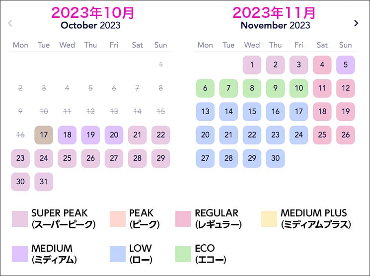 パリ・ディズニーランドの料金区分カレンダー  2023年10月〜2023年11月