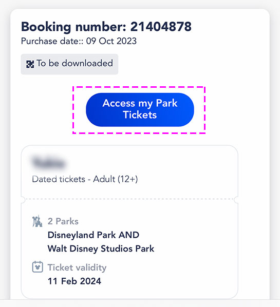 パリ・ディズニーランド公式HPの「Access my Park Tickets - 購入済みチケットへのアクセスボタン」 
