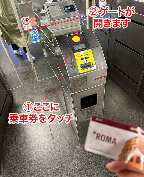 ローマ地下鉄 改札機で乗車チケットをタッチ