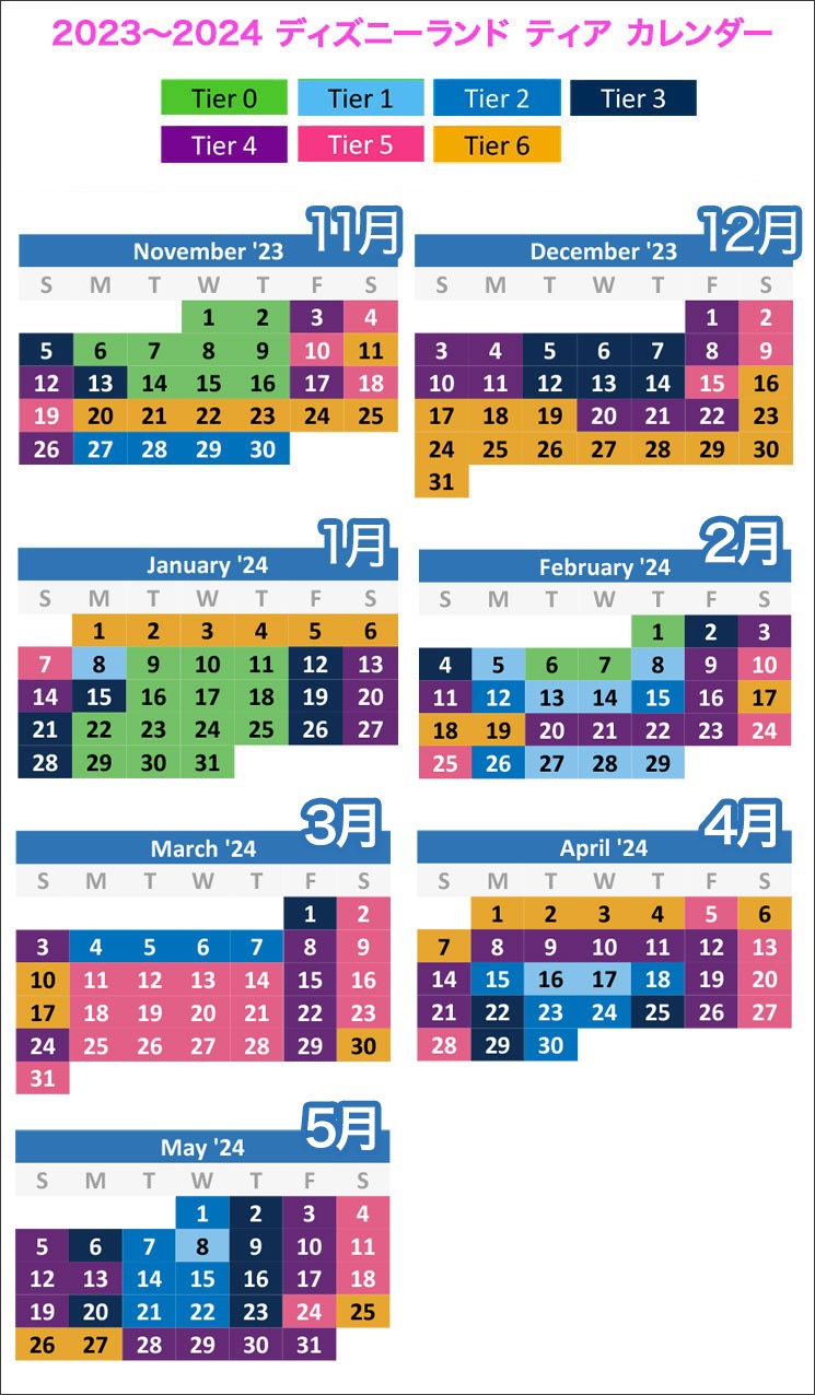 ディズニーランド  2023年〜2024年「Tier（ティア）」の月別カレンダー