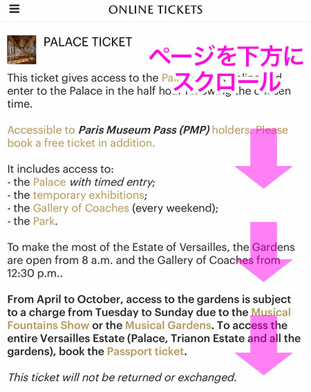 ヴェルサイユ宮殿 公式予約ページ 選択したチケット種の説明画面