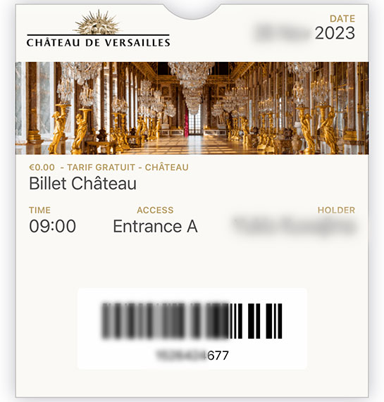 ヴェルサイユ宮殿のモバイル用チケット（予約書）