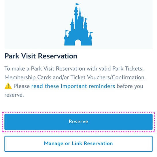 【香港 ディズニーランド】の公式サイト - 「Park Visit Reservation」の項目