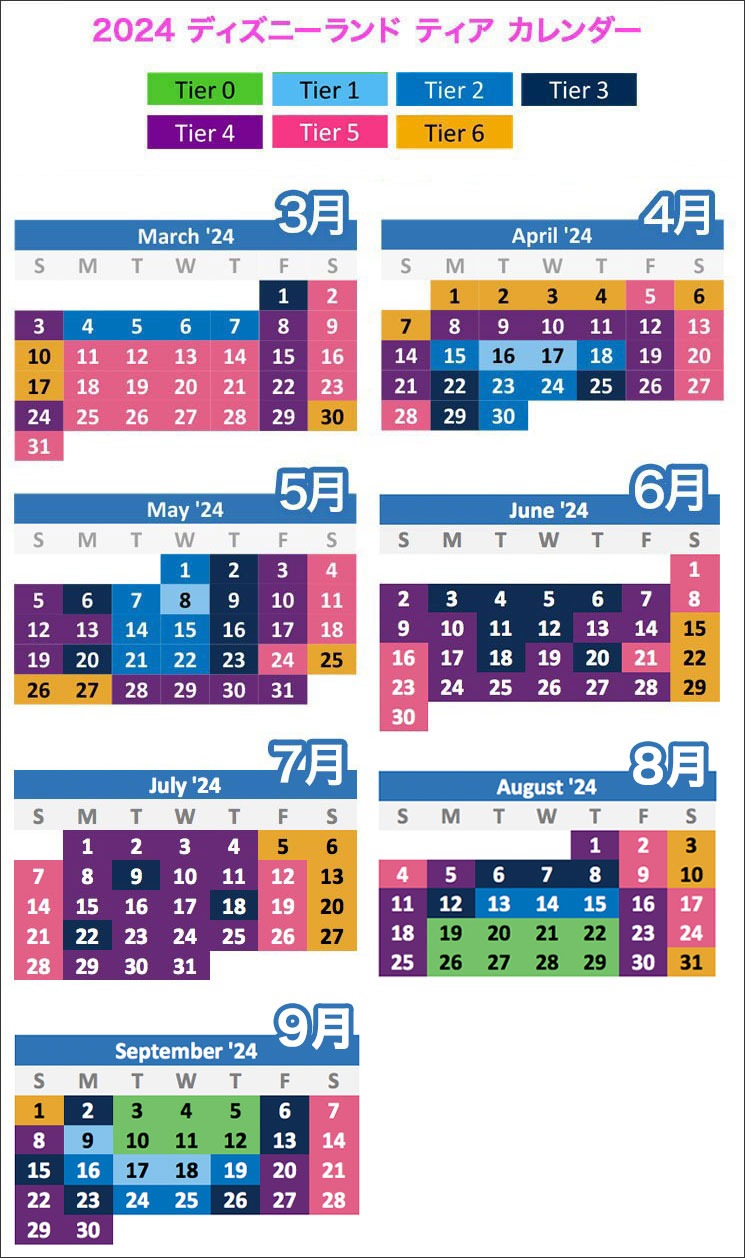 ディズニーランド 2024年「Tier（ティア）」の月別カレンダー 3月〜9月まで