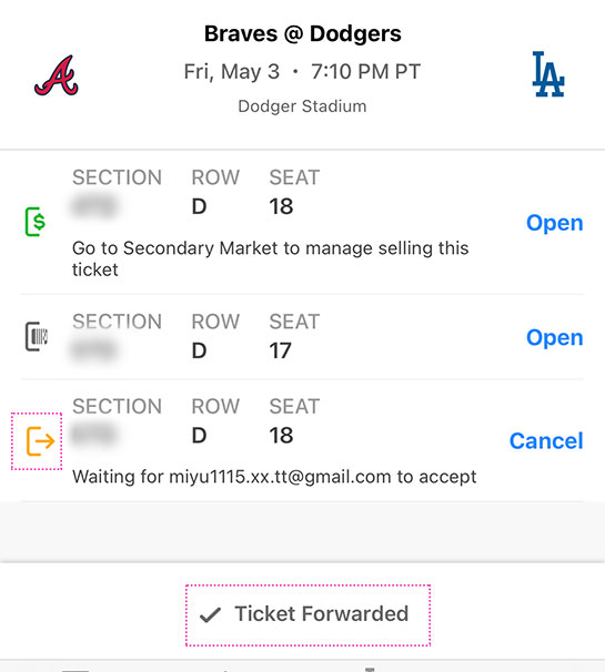 「MLB Ballpark」チケット転送完了画面