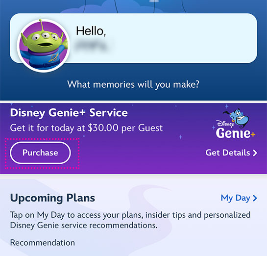 「Disneylandアプリ」で「ジーニプラス」のブロックから「Purchase」ボタンをタップ。