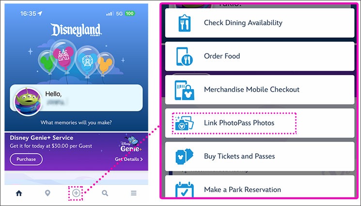 「Disneylandアプリ」を起動して、下部メニューの「＋」部分をタップ、更に表示されるメニューから「Link PhotoPass Photos」をタップ
