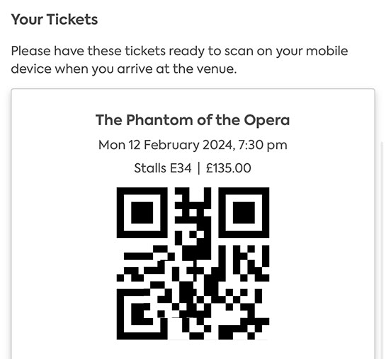 ロンドン オペラ座の怪人 当日の入場チケットとなる「QRコード」