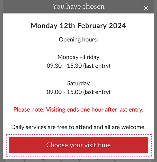 ウェストミンスター寺院の公式チケット予約ページ - 選択した日に応じて営業時間が表示。
