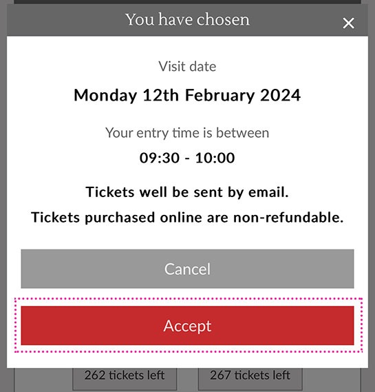 ウェストミンスター寺院の公式チケット予約ページ - 予約日時やチケットの受け取り方法、返金に関する確認画面が表示されます。