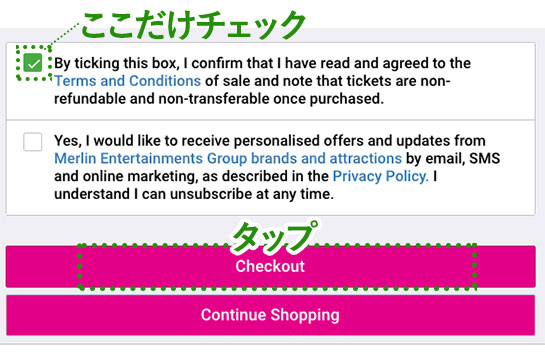 「By ticking this box, I confirm that I have read and agreed to the Terms and Conditions…」にだけチェックを入れて規約に同意の上、「Checkout」ボタンをタップ