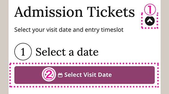 「Admission Tickets」の右側「矢印アイコン」をタップして表示される「Select VIsit Date」ボタンをタップ