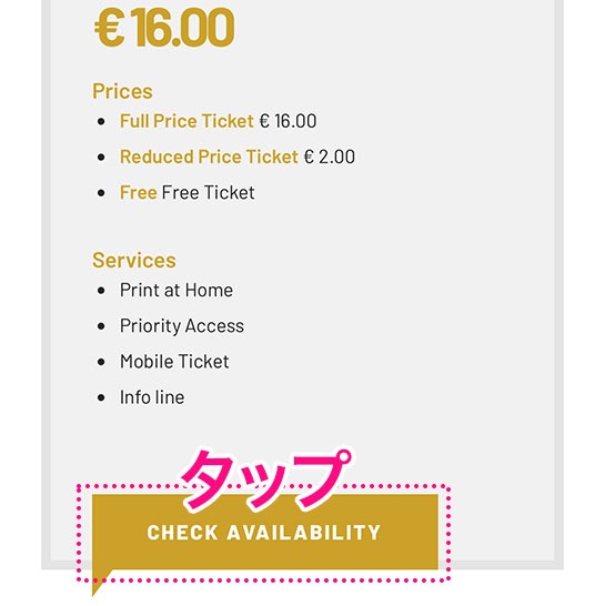 サンタンジェロ城の正規予約サイト - 「CHECK AVALABILITY」ボタンをタップ