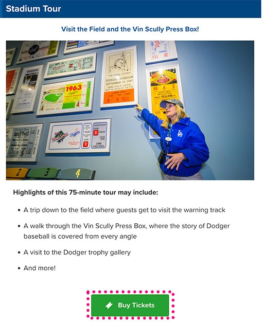 スタジアムツアーの予約ページ - 「Buy Tickets」ボタンをタップ
