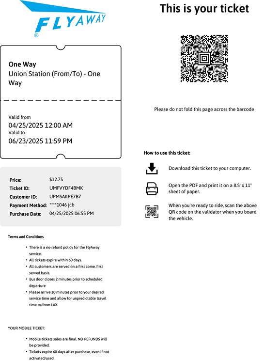 LAX FlyAwayのPDFチケット(筆者撮影)