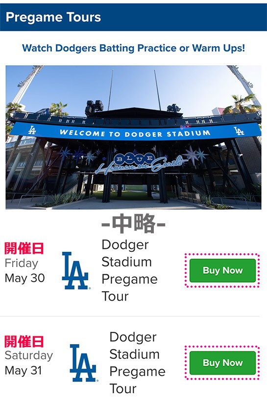 プレゲームツアーの予約ページ - 「Buy Tickets」ボタンをタップ