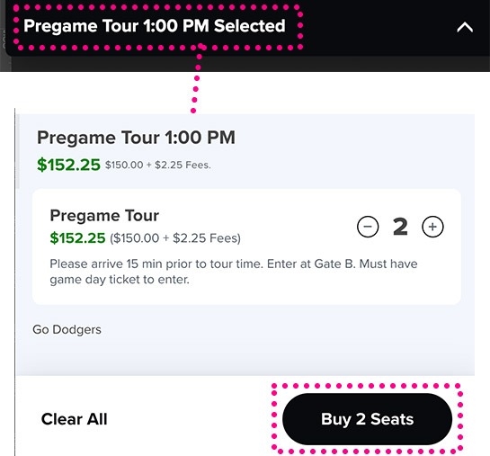 プレゲームツアーの予約ページ - 予約内容の確認と選択の確定