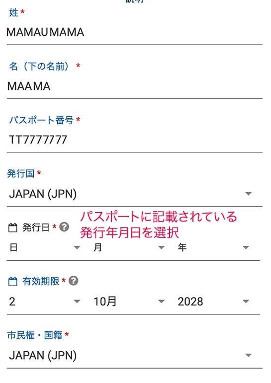 申請者情報の入力項目 - パスポートの発行日や国籍など