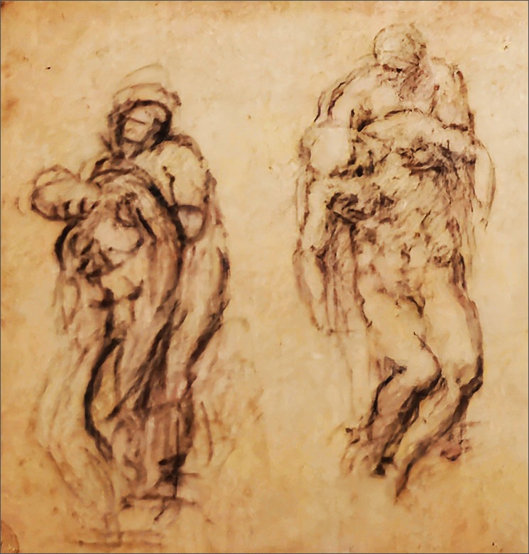 ロンダニーニのピエタの最初期案とされる素描 左側2つのスケッチ