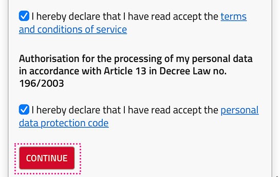 ヴェッキオ宮殿公式予約ページ - 「CONTINUE」ボタンをタップ