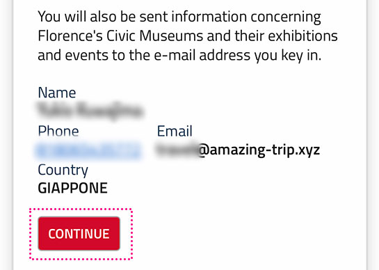 ヴェッキオ宮殿公式予約ページ - ページ内の「CONTINUE」ボタンを探してタップ
