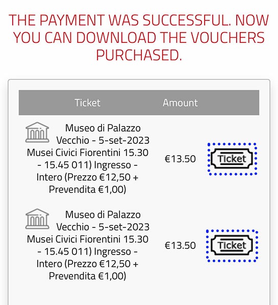 ヴェッキオ宮殿公式サイトの購入完了ページ