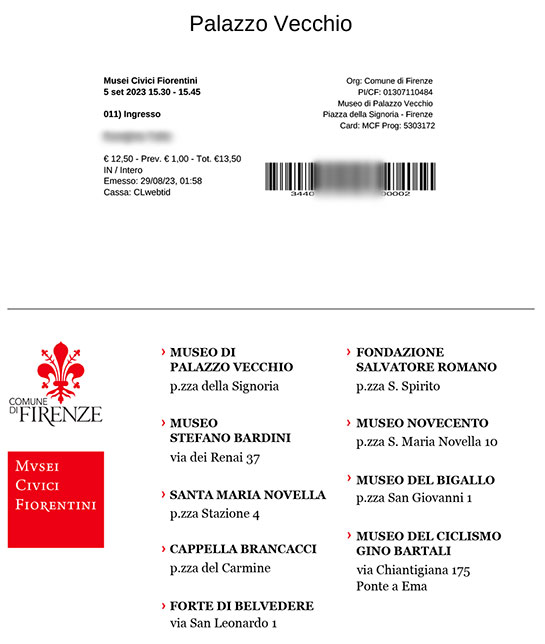 ヴェッキオ宮殿の予約書（入場チケット）PDF