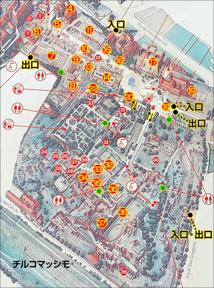 フォロ・ロマーノとパラティーノの丘の見学ポイントマップ
