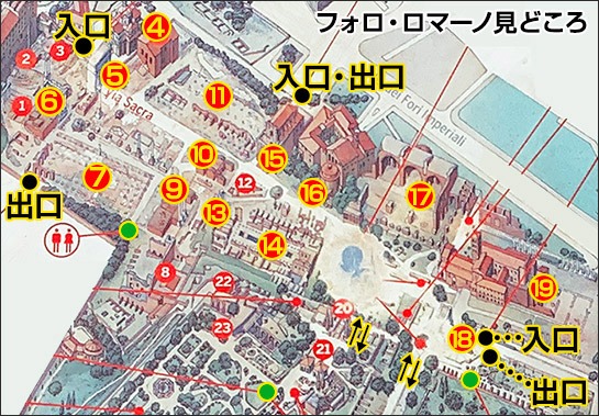 フォロ・ロマーノの見学ポイントマップ